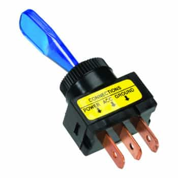 interrupteur à bascule bleu, avec ampoule on-off 12v, 20a 3 contacts à languettes dimension d'encastrement ø13 mm