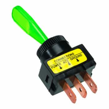 interrupteur à bascule vert, avec ampoule on-off 12v, 20a 3 contacts à languettes dimension d'installation ø13mm